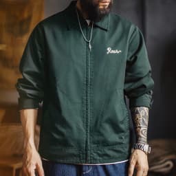 Maden Men's Green Tiger Embroidery Jacket Vintage Heavyweight Cotton Zip-Up Coat Lapel Collar Casual Overcoat for Spring Fall