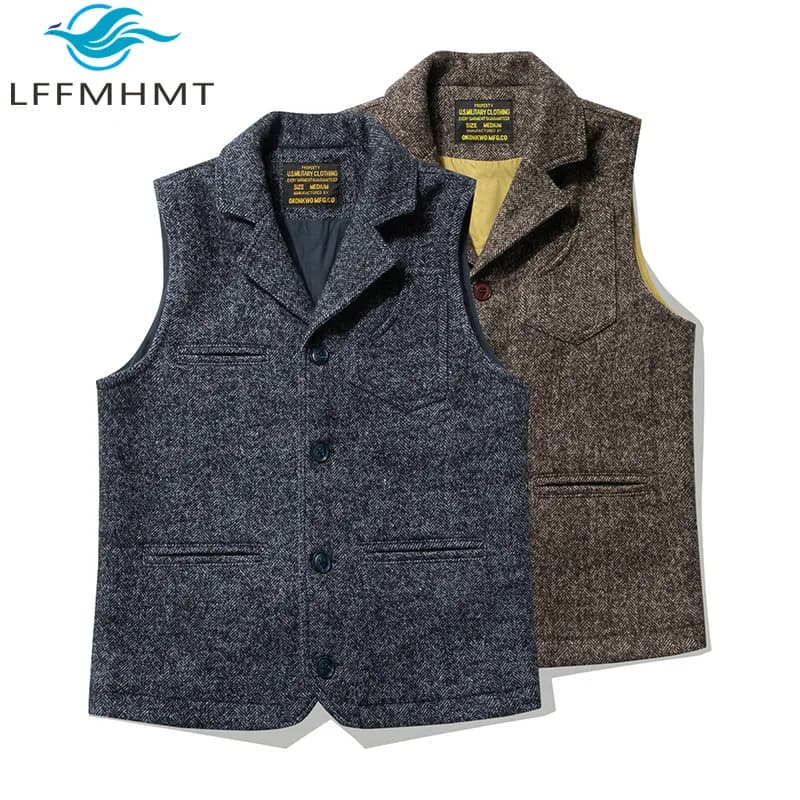 Good Quality Winter Fashion Men's Retro British Tweed Wool Vest Thick Double-Layer Multi-Pocket Suit-Collar Vest Warmth Top Male