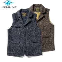 Good Quality Winter Fashion Men's Retro British Tweed Wool Vest Thick Double-Layer Multi-Pocket Suit-Collar Vest Warmth Top Male