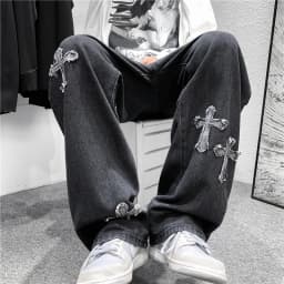 Men Cross Print Jeans Autumn Winter Harajuku Loose Wide Leg Denim Pants Student Hip Hop Straight Casual Daily Fashion Trousers
