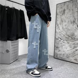 Men Cross Print Jeans Autumn Winter Harajuku Loose Wide Leg Denim Pants Student Hip Hop Straight Casual Daily Fashion Trousers