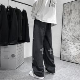 Men Cross Print Jeans Autumn Winter Harajuku Loose Wide Leg Denim Pants Student Hip Hop Straight Casual Daily Fashion Trousers