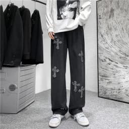 Men Cross Print Jeans Autumn Winter Harajuku Loose Wide Leg Denim Pants Student Hip Hop Straight Casual Daily Fashion Trousers