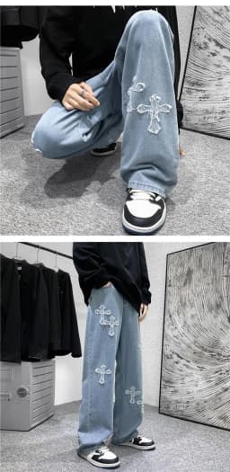 Men Cross Print Jeans Autumn Winter Harajuku Loose Wide Leg Denim Pants Student Hip Hop Straight Casual Daily Fashion Trousers