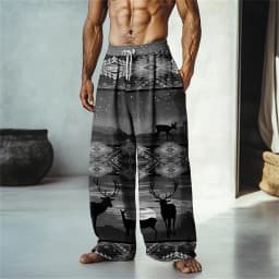 New men's loose fit casual pants with 3D printed geometric patterns, fashionable and comfortable wide leg pants