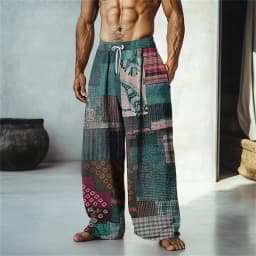 New men's loose fit casual pants with 3D printed geometric patterns, fashionable and comfortable wide leg pants