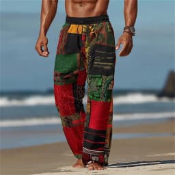 New men's loose fit casual pants with 3D printed geometric patterns, fashionable and comfortable wide leg pants