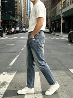 【HME】Men's Jeans | Straight‑Leg Denim Pants With Back Elastic Waist, Men Distressed Ripped Denim Jeans, Vintage Washed Patch Denim Trousers, Classic Five‑Pocket Structure, Comfort Fit Casual Denim Bottoms For Men Street Daily Look