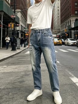 【HME】Men's Jeans | Straight‑Leg Denim Pants With Back Elastic Waist, Men Distressed Ripped Denim Jeans, Vintage Washed Patch Denim Trousers, Classic Five‑Pocket Structure, Comfort Fit Casual Denim Bottoms For Men Street Daily Look