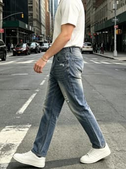 【HME】Men's Jeans | Straight‑Leg Denim Pants With Back Elastic Waist, Men Distressed Ripped Denim Jeans, Vintage Washed Patch Denim Trousers, Classic Five‑Pocket Structure, Comfort Fit Casual Denim Bottoms For Men Street Daily Look