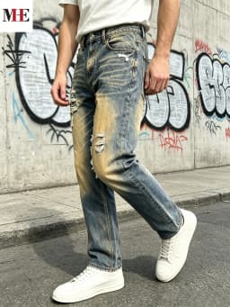 【HME】Men's Jeans | Straight‑Leg Denim Pants With Back Elastic Waist, Men Distressed Ripped Denim Jeans, Vintage Washed Patch Denim Trousers, Classic Five‑Pocket Structure, Comfort Fit Casual Denim Bottoms For Men Street Daily Look
