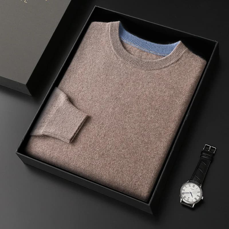 Autumn Winter Men's 100% Merino Wool Soft Sweater Contrasting Colors Round Neck Pullover Loose Long Sleeve Jumper Cashmere Top