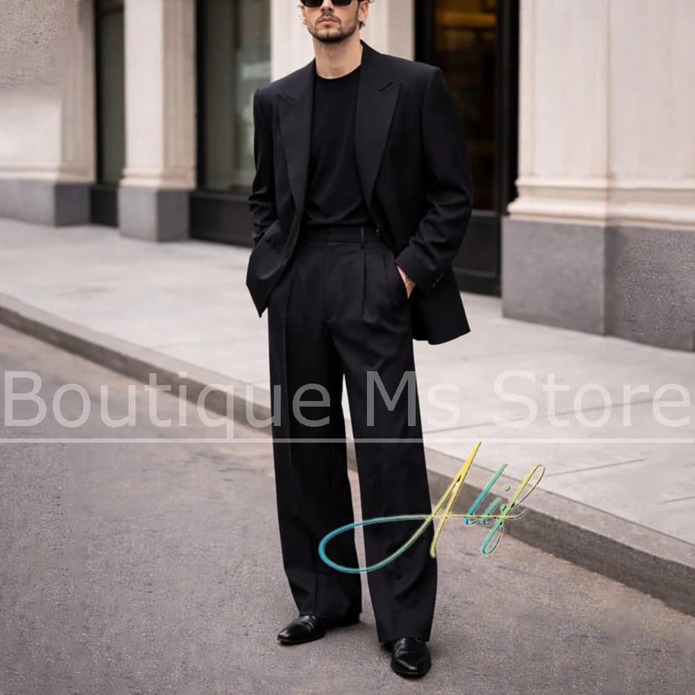 Chic Men's Black Suit Oversized Peak Lapel Double Breasted Outfit Casual Formal Business Wedding Party Prom Tuxedo 2 Piece