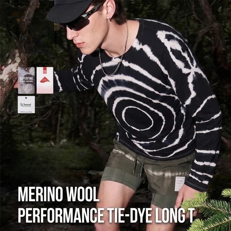 Men's Black & White Tie-Dye Merino Wool Long Sleeve T-Shirt – Soft & Stretchy Outdoor Base Hiking & Running