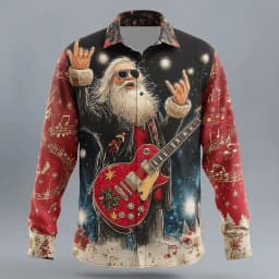 Christmas Men's Santa Claus Rock Guitar Shirt Button Up Shirt Long Sleeve Funny Christmas Gifts Spring 3D Print Collared Shirts