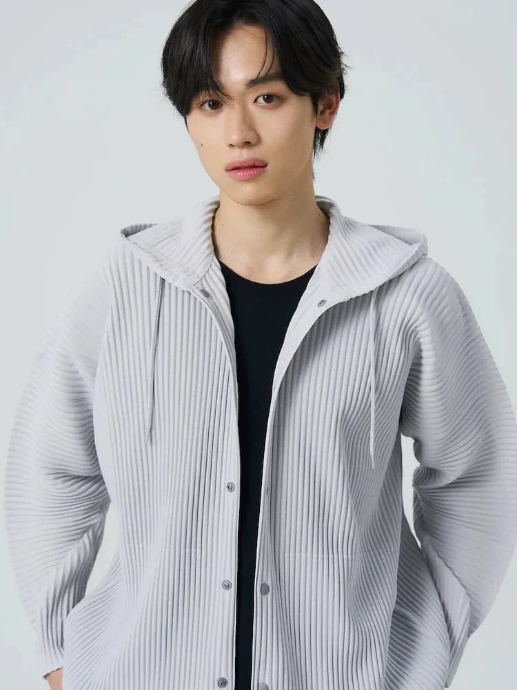 Miyake Pleated Drawstring Hooded Cardigan Men Wrinkle Resistant Relaxed Fit Long Sleeve Casual Top