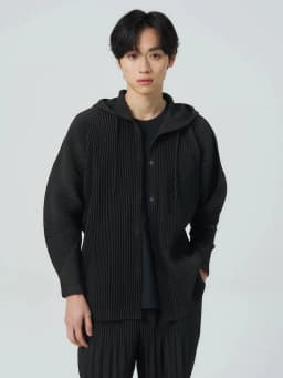 Miyake Pleated Drawstring Hooded Cardigan Men Wrinkle Resistant Relaxed Fit Long Sleeve Casual Top