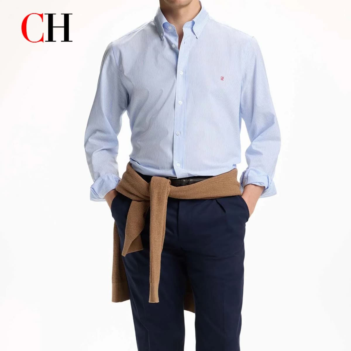 CH Letter Embroidered Solid Color Stripe Long Sleeve Shirt Men Point Collar Regular Fit Luxury Touch Premium Cotton Tops