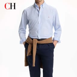 CH Letter Embroidered Solid Color Stripe Long Sleeve Shirt Men Point Collar Regular Fit Luxury Touch Premium Cotton Tops