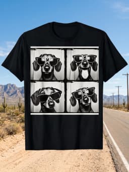 1Pcs 100% Cotton Dachshund Wearing Sunglasses Photo Collage Print O-Neck Short Sleeves T-Shirt Print Plus Size Comfortable Casual Wear, Machine Washable