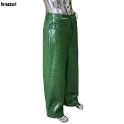 Nerazzurri Autumn Waterproof Baggy Long Shiny Bright Green Pu Leather Wide Leg Pants for Men Luxury Streetwear Menswear Clothes