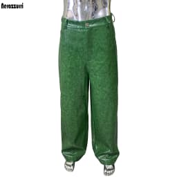 Nerazzurri Autumn Waterproof Baggy Long Shiny Bright Green Pu Leather Wide Leg Pants for Men Luxury Streetwear Menswear Clothes