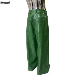 Nerazzurri Autumn Waterproof Baggy Long Shiny Bright Green Pu Leather Wide Leg Pants for Men Luxury Streetwear Menswear Clothes
