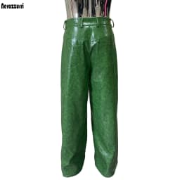 Nerazzurri Autumn Waterproof Baggy Long Shiny Bright Green Pu Leather Wide Leg Pants for Men Luxury Streetwear Menswear Clothes