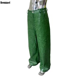 Nerazzurri Autumn Waterproof Baggy Long Shiny Bright Green Pu Leather Wide Leg Pants for Men Luxury Streetwear Menswear Clothes
