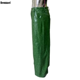Nerazzurri Autumn Waterproof Baggy Long Shiny Bright Green Pu Leather Wide Leg Pants for Men Luxury Streetwear Menswear Clothes
