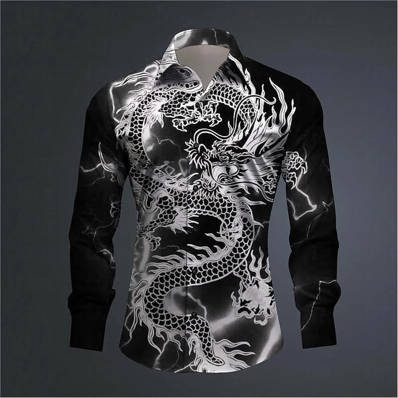 Hawaii Men's 3D Printed Dragon Print Roll-down Button-down Shirt Outdoor Street Long Sleeve Clothing Fashion Casual Beach Style