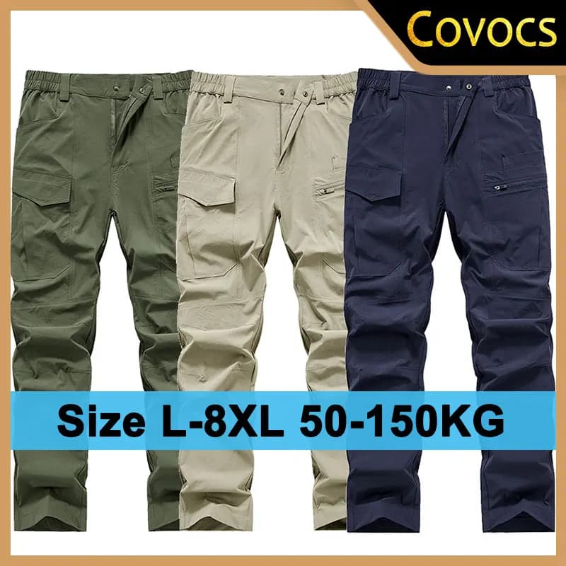 Men's Quick Dry Cargo Pants with Zip Pockets Plus Size L-8XL 150KG Summer Ice Silk Cooled Sweatpants Loose Fit Straight Trousers