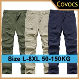 Men's Quick Dry Cargo Pants with Zip Pockets Plus Size L-8XL 150KG Summer Ice Silk Cooled Sweatpants Loose Fit Straight Trousers