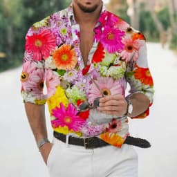 Spring and autumn fashion men's long sleeved Hawaiian shirt men's 3D printed flower shirt men's trendy top