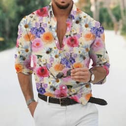 Spring and autumn fashion men's long sleeved Hawaiian shirt men's 3D printed flower shirt men's trendy top