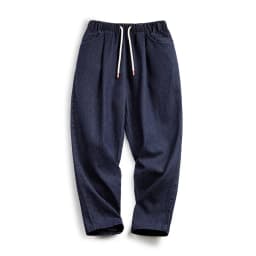 Maden Casual 10oz Jogger Denim Jeans with Elastic Waist Drawstring Washed Straight Trousers for Men's Spring and Autumn Pants