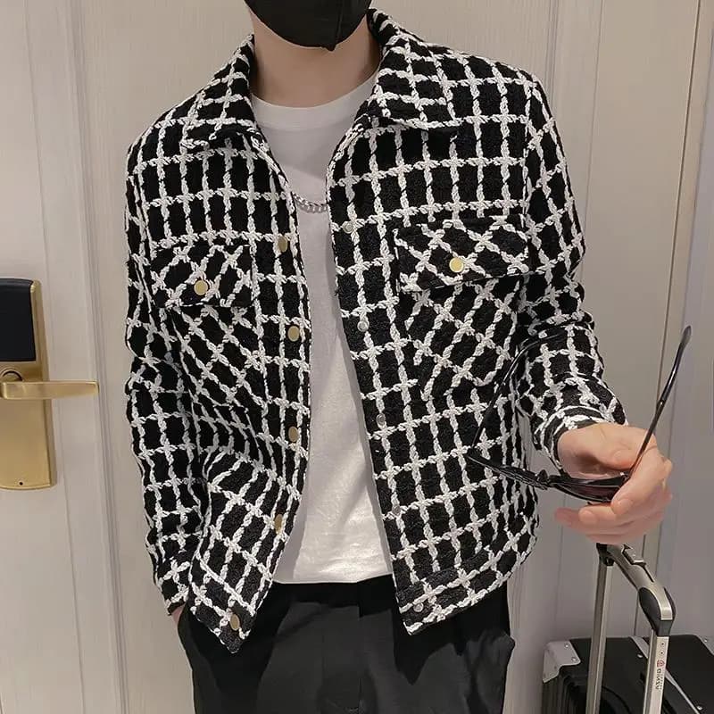 Spring Autumn New Fashion Turn-down Collar Long Sleeve Houndstooth Jackets Men's Clothing Korean Pockets Simplicity Chic Tops