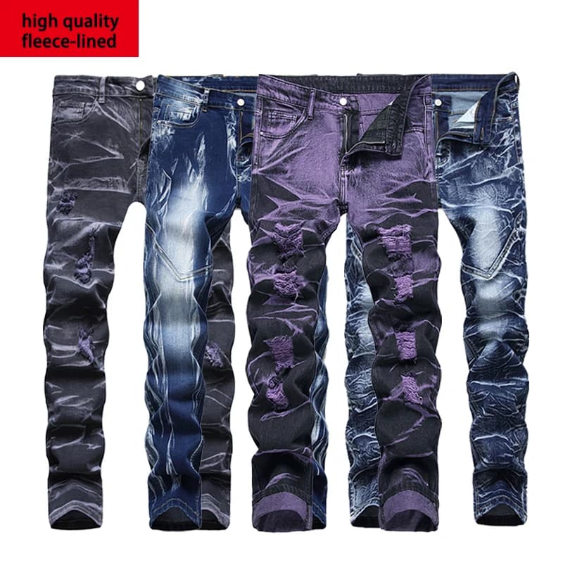 Men's Denim Pants High-quality Trendy Personalized Two-color Striped Perforated Washed With Water
