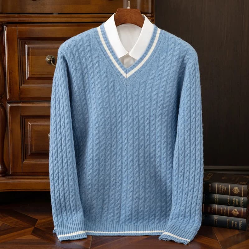 Autumn And Winter New Thickened 100 Pure Cashmere Sweater Men's V-neck Jacquard Knitted Top Warm Fashion Leisure Youth Pullover