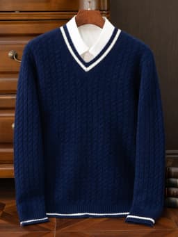 Autumn And Winter New Thickened 100 Pure Cashmere Sweater Men's V-neck Jacquard Knitted Top Warm Fashion Leisure Youth Pullover