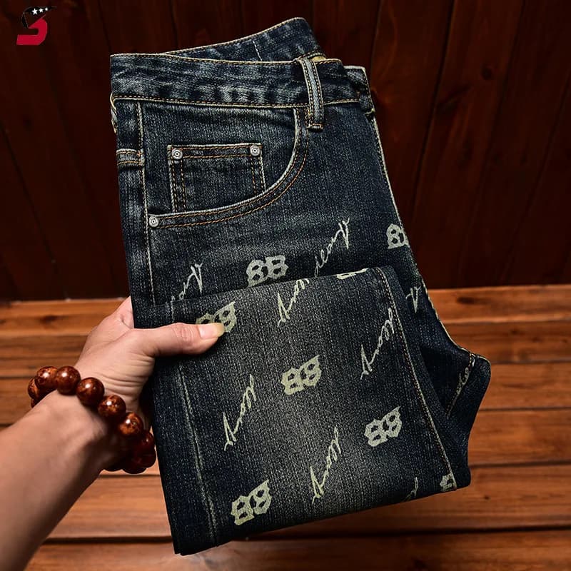 Autumn and winter light luxury printed jeans MEN'S slim fit skinny elastic trend fashionable retro blue denim trove