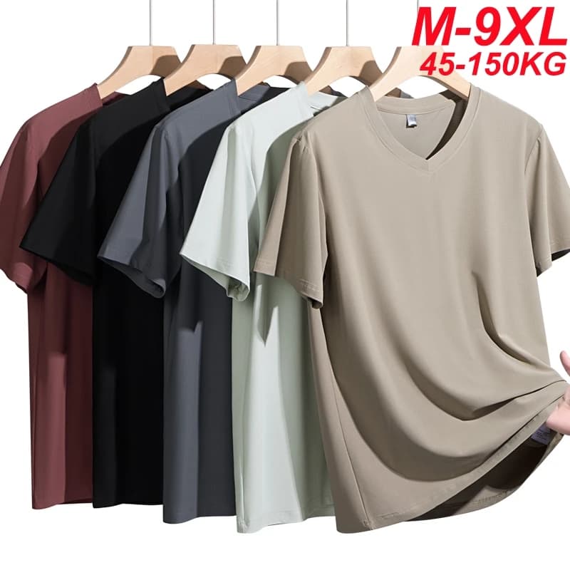 Plus-Size Ice Silk T-Shirts Men Large 9xl 8xl 7xl 6xl 5xl 2026 Summer Cool V-Neck Thin Undershirts For Big & Tall Guys