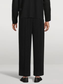 Miyake Pleated Wide Leg Pants Men Elastic Waist Straight Trousers With Side Pockets Wrinkle Resistant Japanese Minimalist