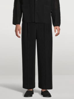 Miyake Pleated Wide Leg Pants Men Elastic Waist Straight Trousers With Side Pockets Wrinkle Resistant Japanese Minimalist