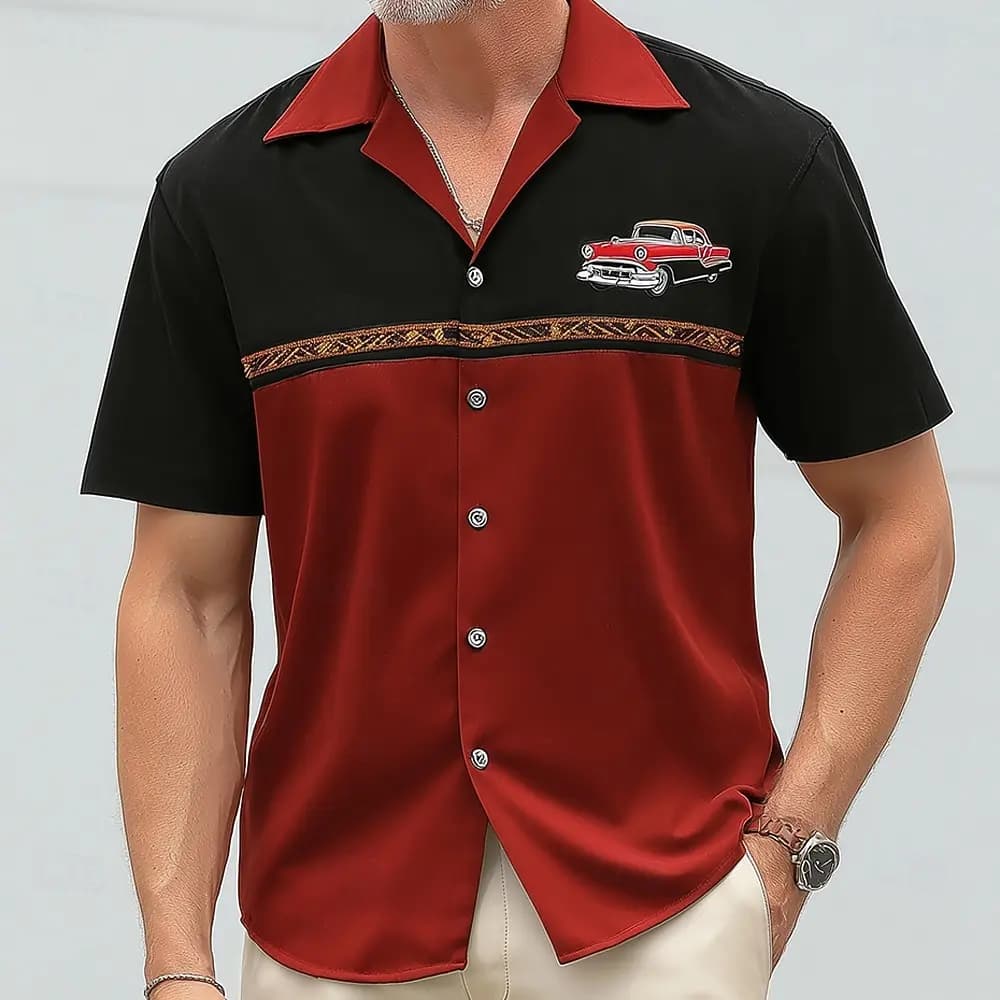 Men's Fashion Car Geometric Color Block Bowling Shirt, Short Sleeve Collar Button Up Shirt, Vacation Outfits for Spring Summer