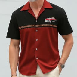 Men's Fashion Car Geometric Color Block Bowling Shirt, Short Sleeve Collar Button Up Shirt, Vacation Outfits for Spring Summer