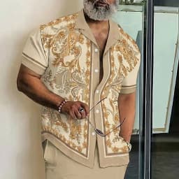 Men's Paisley Floral 3D Print Shirt, Short Sleeve Collar, Vintage Ethnic Streetwear Vacation Tops for Spring & Summer