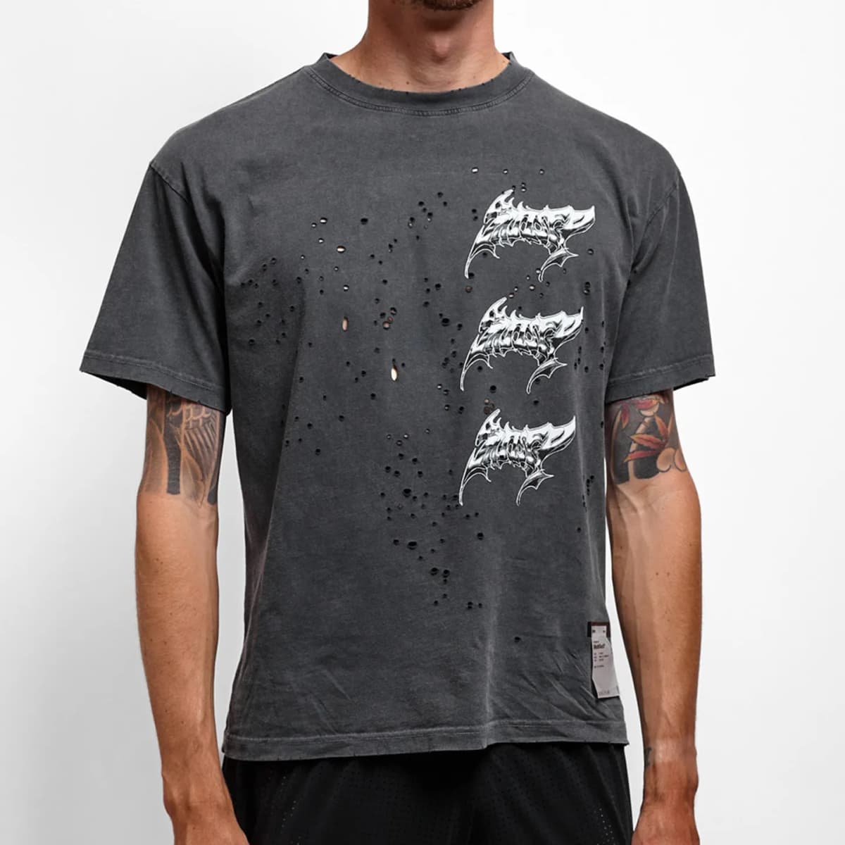 Satisfy MothTech T-Shirt Black Old Ripped Liquid Font Printed Short Sleeve T-Shirt