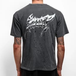 Satisfy MothTech T-Shirt Black Old Ripped Liquid Font Printed Short Sleeve T-Shirt