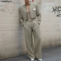 INCERUN Men Sets Striped Long Sleeve Open Stitch Crop Blazer & Pants Two Pieces Sets Streetwear Elegant Fashion Men Casual Suits